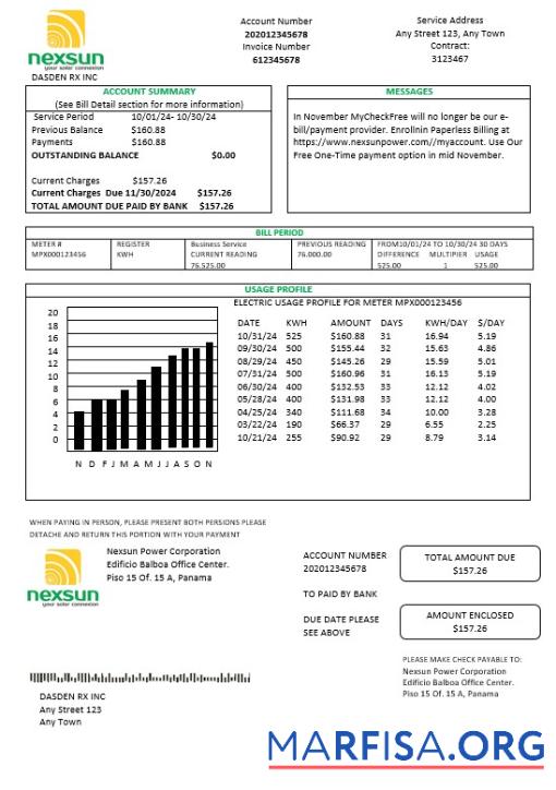 Realistic Panama Nexsun Power Corporation electricity business utility bill Word and PDF template
